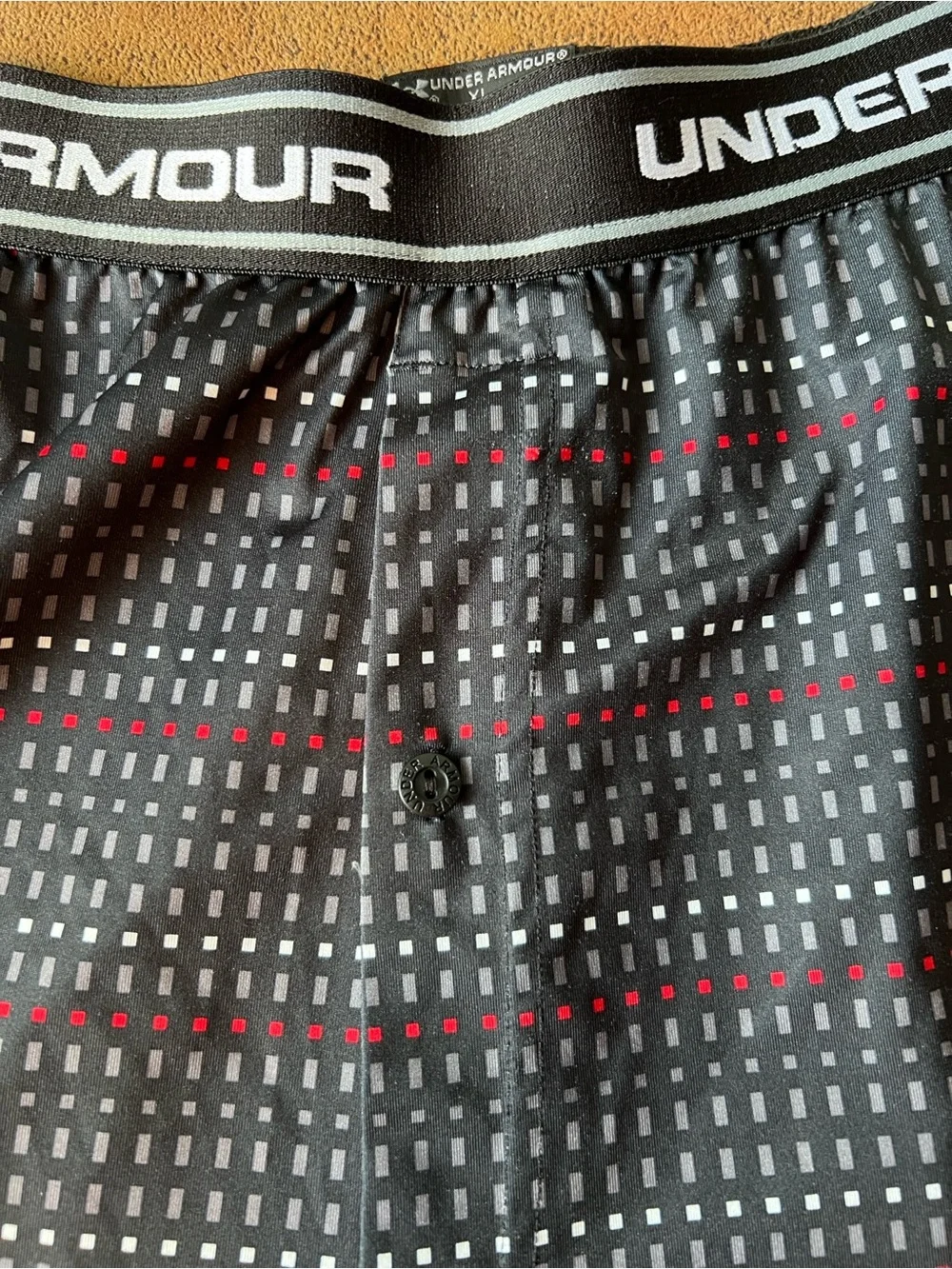 NWOT Under Armour Black Boxer Shorts with Red and White Dot Grid XL